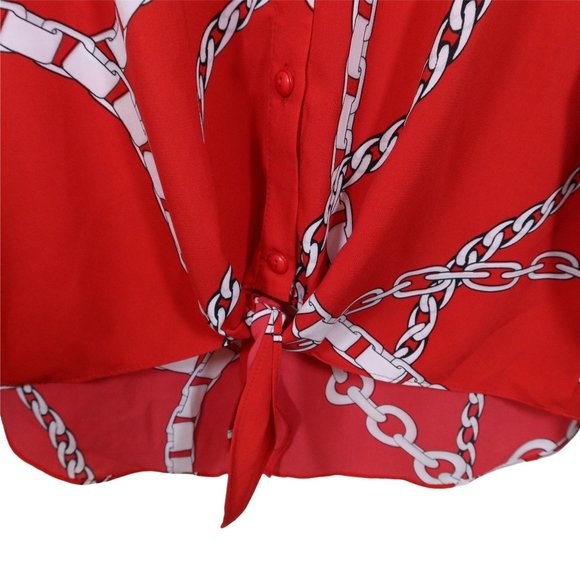 SUSAN GRAVER Size 4 Red White Chain Print Tie Front Button Up Blouse Shirt Top - Picture 3 of 5